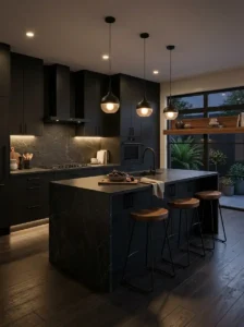 All-Black Kitchen with Layered Lighting