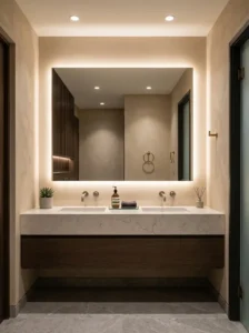 Restaurant Bathroom Ideas With Backlit LED Mirrors