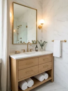 White Bathroom Ideas With Brushed Brass Hardware