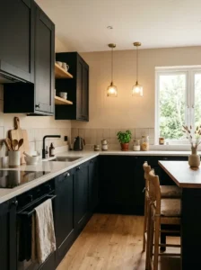 Black Cabinets with Soft Beige Walls