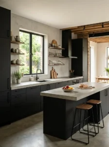 Black Cabinets with Light Concrete Countertops
