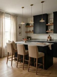 Black Cabinets with Soft Fabric Accents