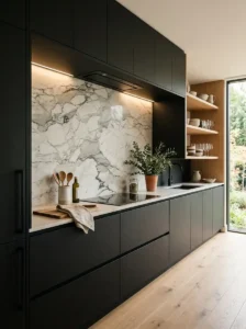 Black Cabinets With Natural Stone Details