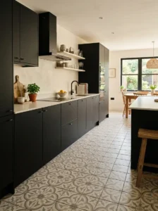 Black Cabinets with Patterned Floor Tiles