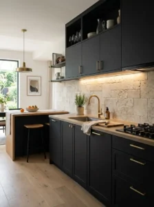 Black Cabinets with Textured Backsplash