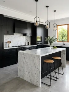 Black Kitchen Cabinets with Marble Countertops