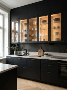 Black Kitchen with Glass Cabinet Doors