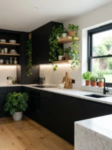 Black Kitchen with Indoor Plants and Greenery