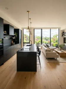 Black Kitchen with Open Layout Design