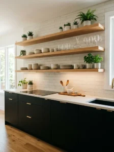 Black Kitchen with Open Wooden Shelves