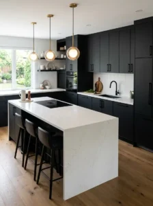 Black Kitchen with White Quartz Countertops