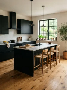 Black Kitchen with Natural Wood Flooring