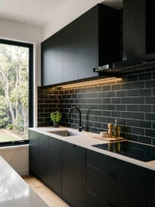 Black Subway Tile Backsplash with Light Grout