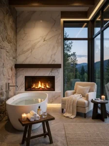 Add a Fireplace Beside the Bathtub for Hotel-Style Luxury
