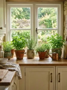 Deep Window Sill Styled with Fresh Herbs