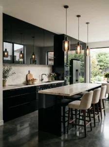 Glossy Black Cabinets with Reflective Surfaces