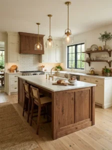 Cream Cabinets with Walnut Wood