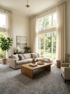 Grey Carpet Living Room Ideas With Floor-to-Ceiling Curtains