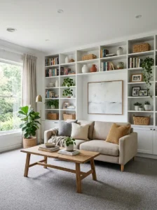 Grey Carpet Living Room Ideas With Built-In Shelving