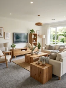 Grey Carpet Living Room Ideas With Natural Oak Furniture