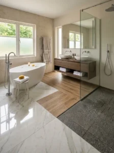 Define Bathroom Zones With Mixed Flooring Materials