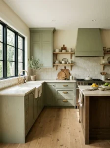 Sage Green Cabinets with Cream and Brass