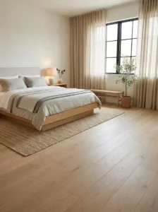 Matte Finish Hardwood Flooring for a Calm Minimalist Bedroom