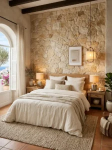 Stone Texture Feature Wall for an Earthy Bedroom Look