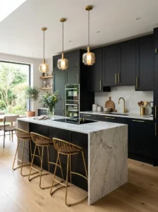 Modern Black Kitchen with Gold Hardware