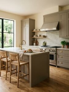 Greige Cabinets with Natural Stone and Wood