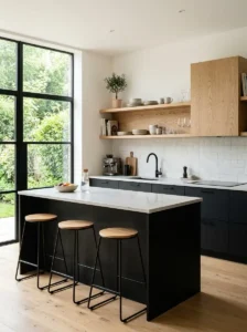 Black Cabinets with Light Wood