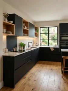 Matte Black Cabinets with Warm Wood Accents