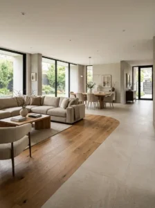 Mixed Wood and Tile Flooring for Open Spaces