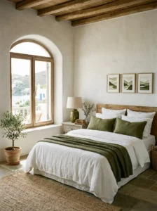 Olive Green Accents for a Natural Greek Bedroom Style