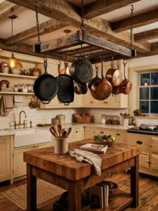 Rustic Pot Rack Suspended Above the Island