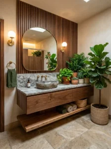 Restaurant Bathroom Ideas With Natural Wood and Greenery