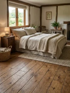 Reclaimed Wood Flooring for Rustic Bedroom Warmth