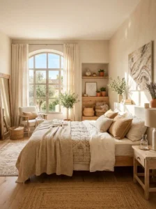 Warm Beige Bedroom Layers with Sunlit Mediterranean Charm