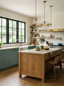 Muted Teal with Warm Wood