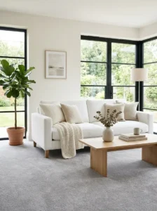 White Sofas That Brighten Grey Carpet Interiors