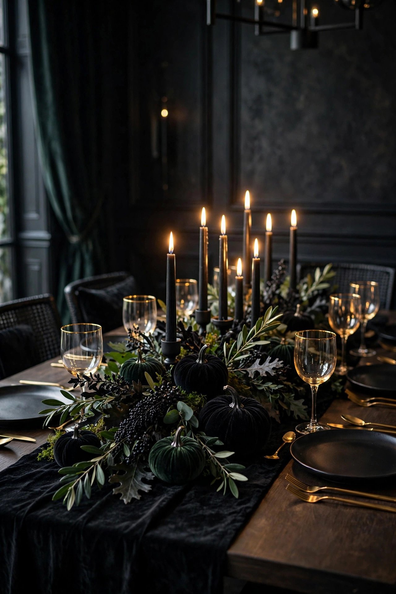 A Moody Tablescape in Black and Gold - elegant halloween decor ideas