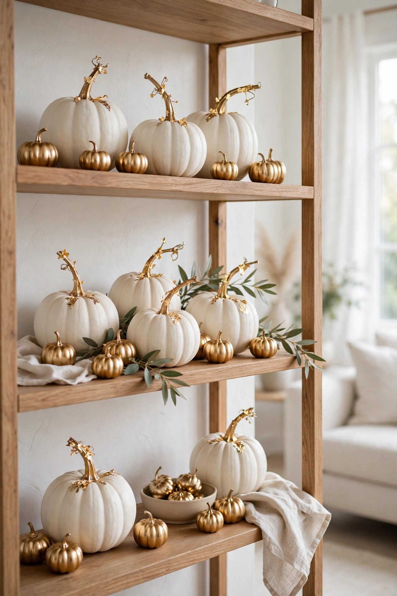 White Pumpkins with Metallic Accents - elegant halloween decor ideas