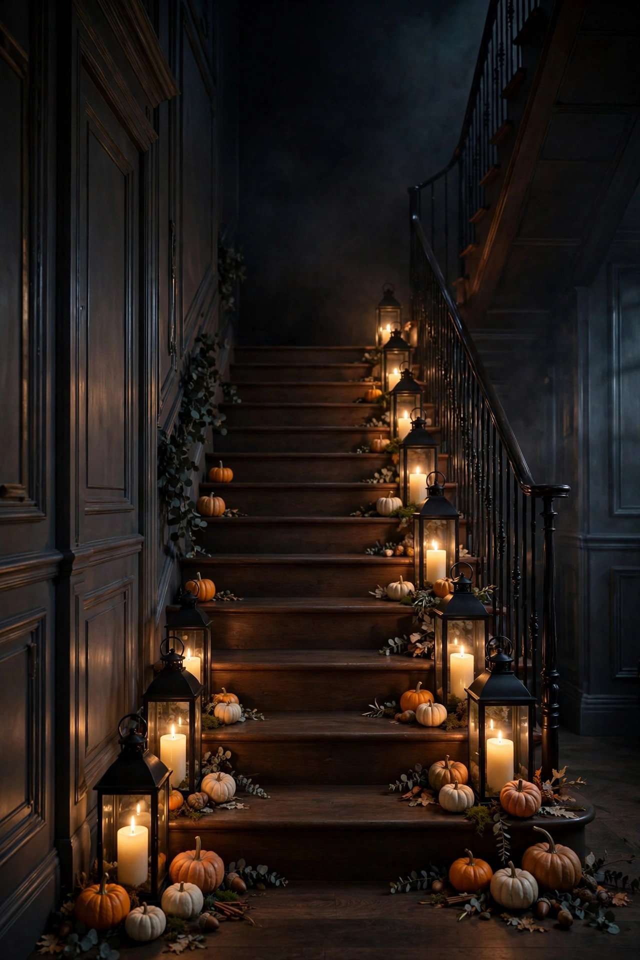 Candlelit Lanterns on the Staircase - elegant halloween decor ideas