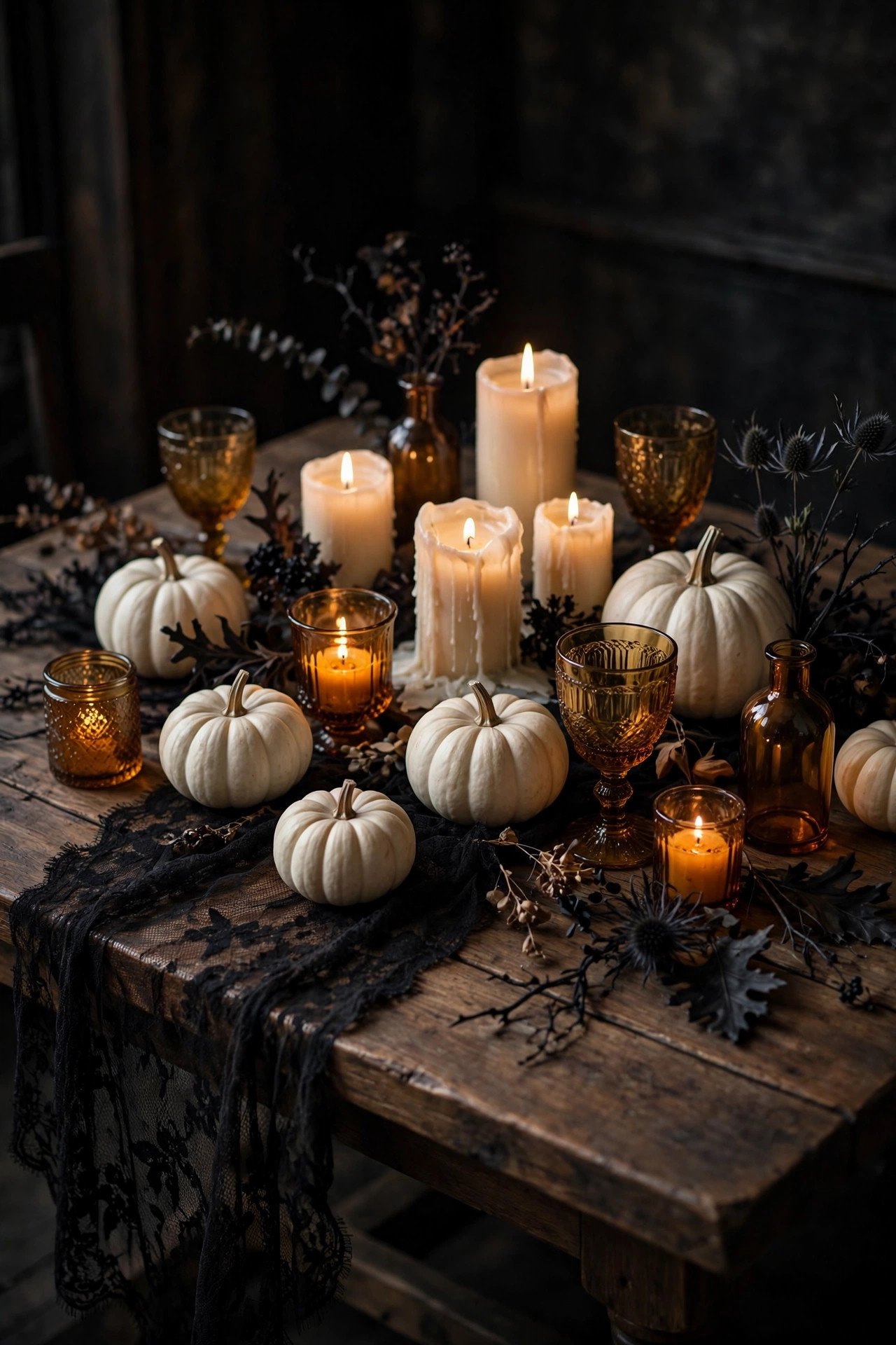 Black Lace Table Runner - elegant halloween decor ideas