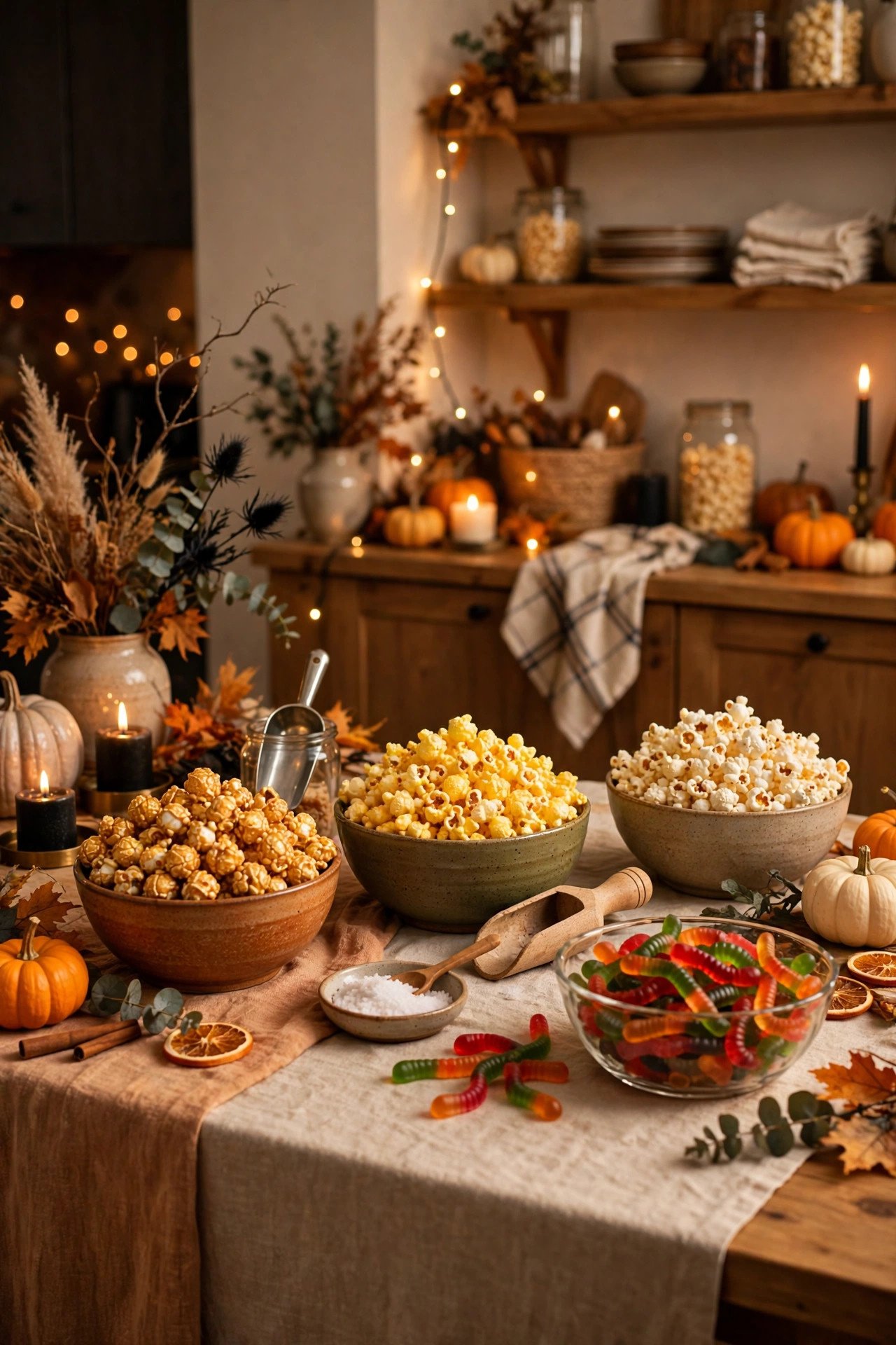 A Popcorn Bar with Caramel, Cheese and "Worm" Gummies - halloween dessert table decor ideas