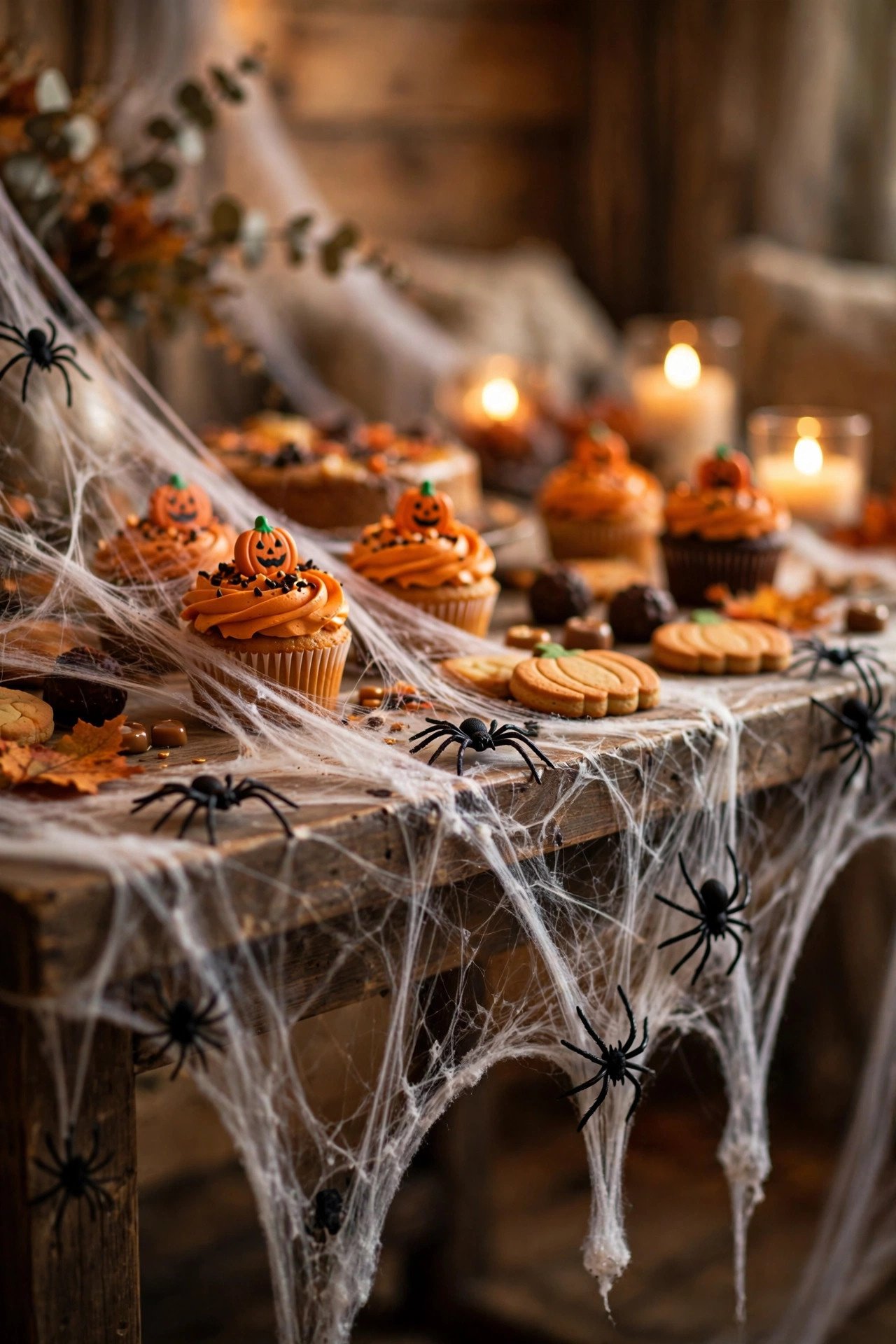 A Table Edge Draped with Faux Cobwebs and Spiders - halloween dessert table decor ideas