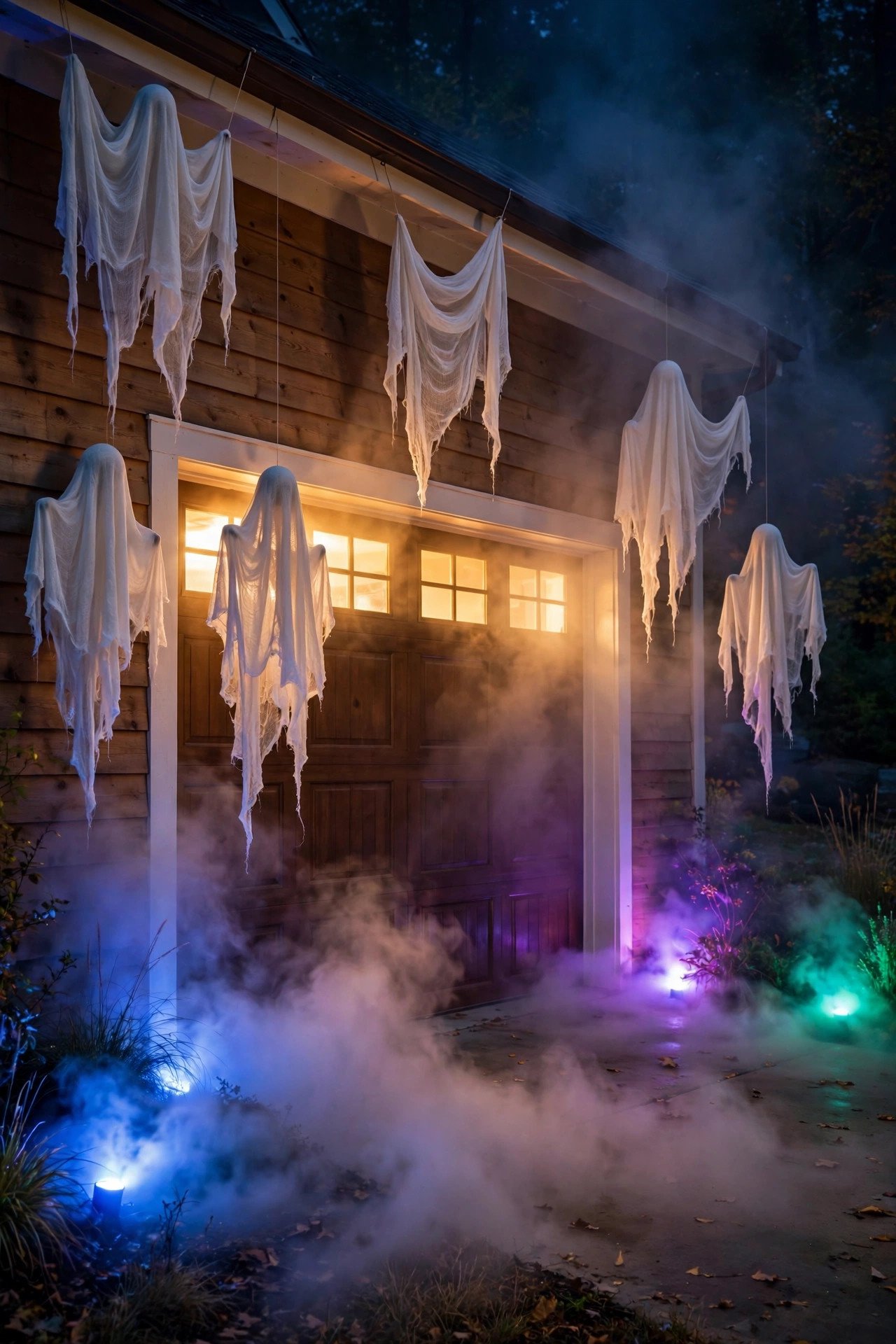 Ghostly Fog and Glow Lighting Display - halloween garage decor ideas
