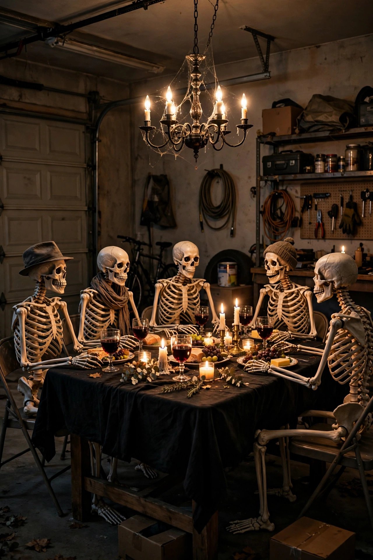 Skeleton Dinner Party Garage - halloween garage decor ideas