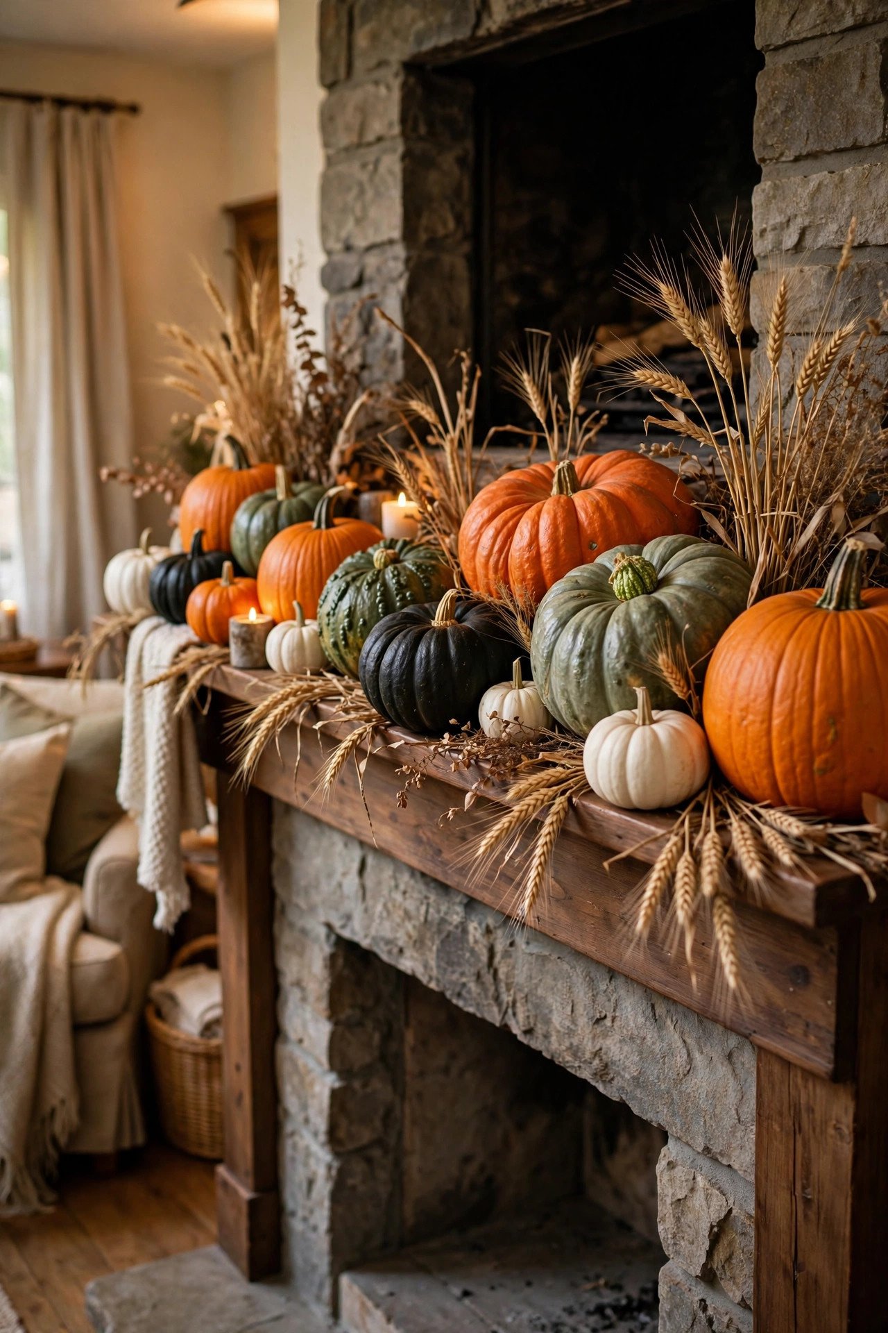 Classic Orange-and-Black Pumpkin Row - halloween mantel decor ideas