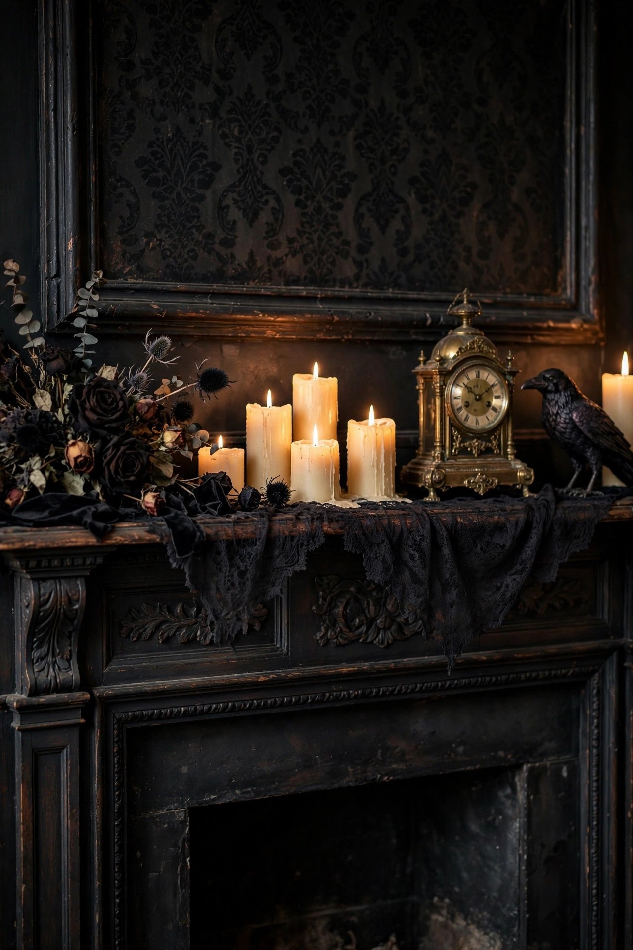 Black Lace Runner Elegance - halloween mantel decor ideas